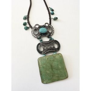 Chico’s Signed Turquoise and Green Dangle Statement Bib Silver Tone Necklace